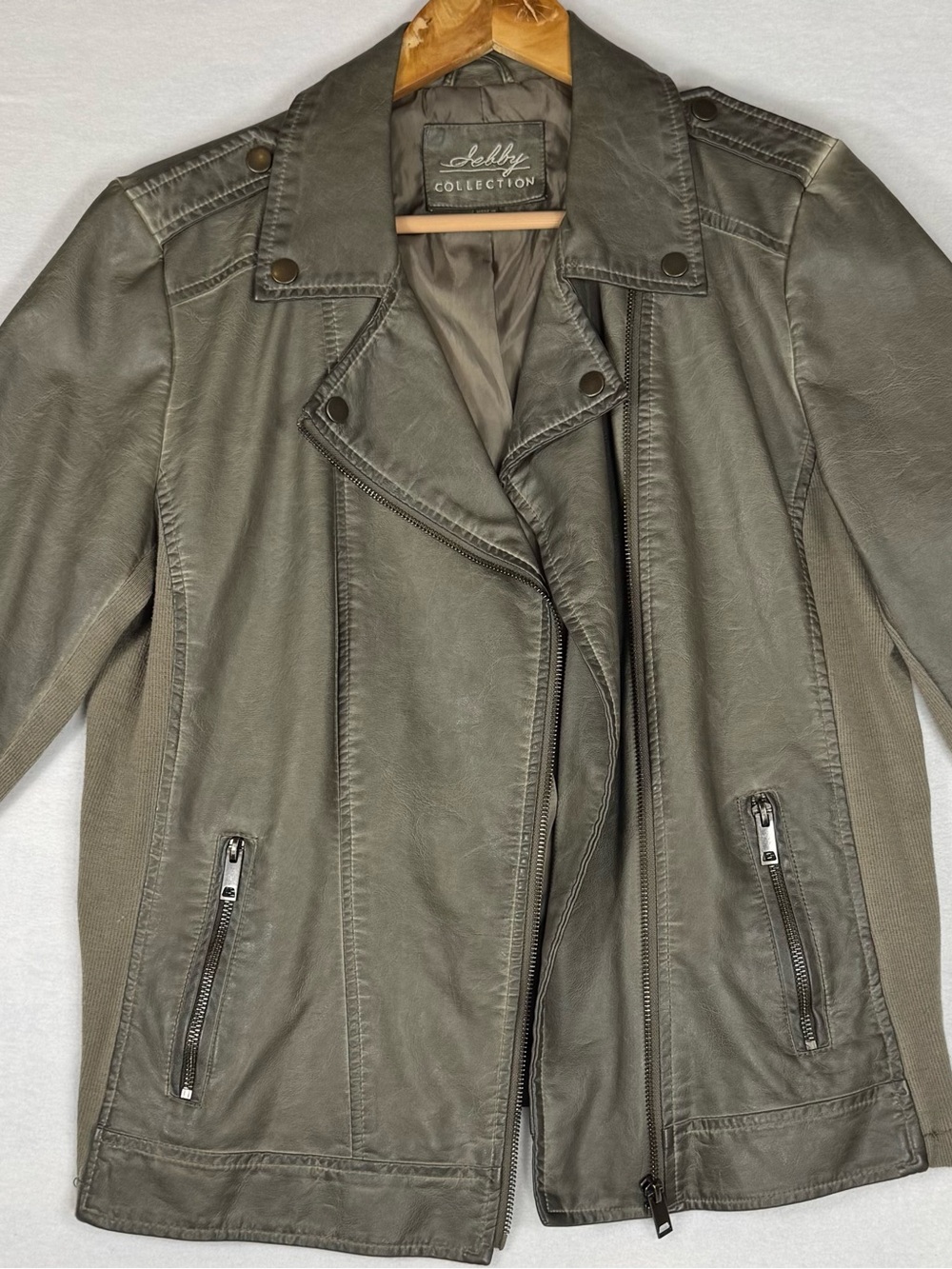 Sebby Collection Olive Green Faux-Leather Moto Jacket
